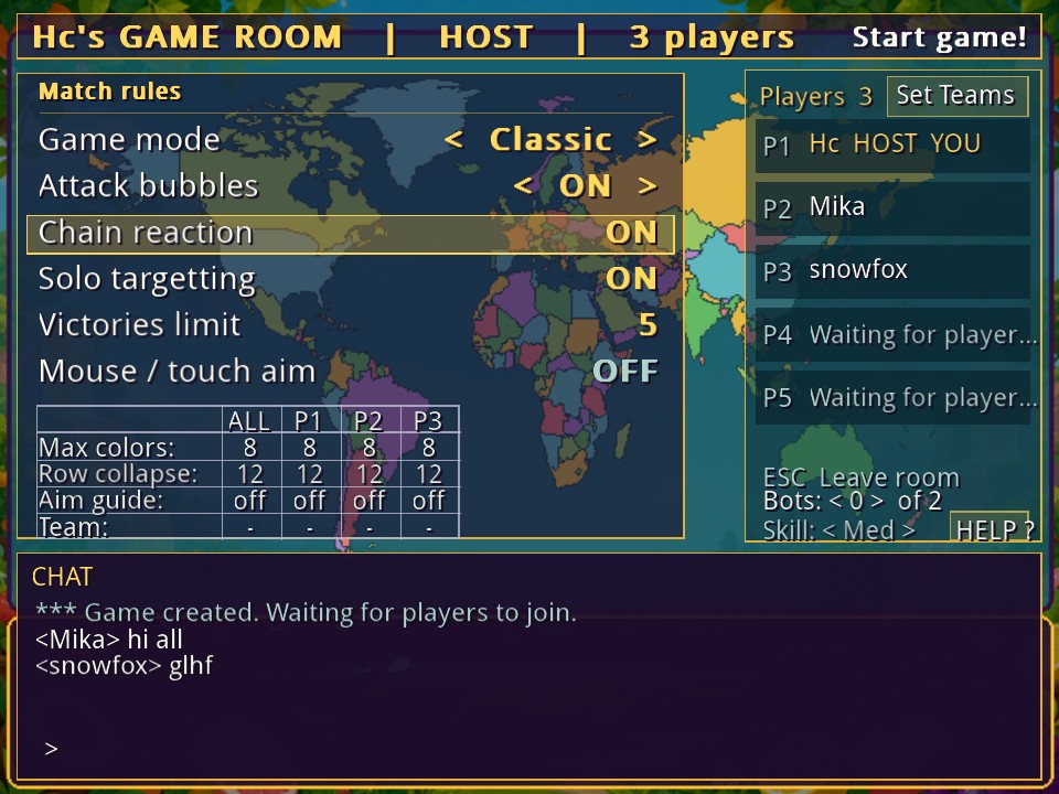 An online game room: match rules, players, bots and chat
